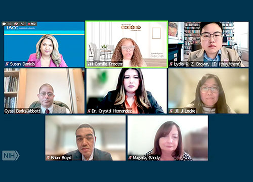 Susan DAniels, Camille Proctor, Lydia Brown, Gyasi Burks Abbott, Crystal Hernandez, Jill Locke, Brian Boyd, and Magana Sandy on a Zoom call