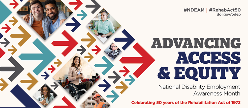 National Disability Employment Awareness month poster, which includes woman in wheelchair and other young adults working