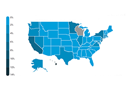 Color-coded map of US, identifying which states have the percentage of Asian children with disabilities. Go to that Page