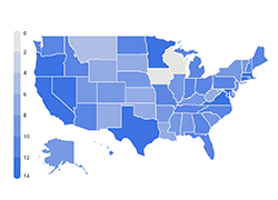 Map of US color coded to show states with autism