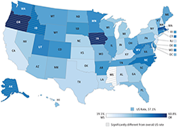 Map of US color-coded to match prevalence of autims in states