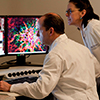 two researchers looking at brain scan