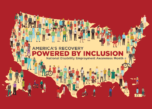 National Disability Employment Awareness month poster, which includes people standing around the outline of the united states