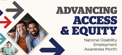 National Disability Employment Awareness month poster, which includes woman in wheelchair and other young adults working