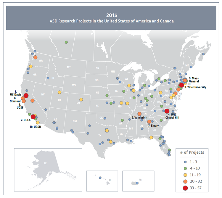 Map of the U.S. and Canada displaying the distribution of autism-related research projects funded by Federal agencies and private organizations in 2015.