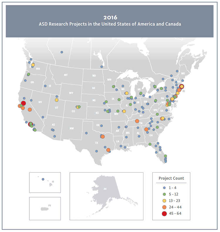 Map of the U.S. and Canada displaying the distribution of autism-related research projects in 2016.