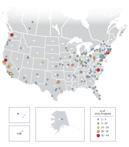 A map of the U.S. and Canada displaying the distribution of autism-related research projects funded by Federal agencies and private organizations.