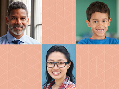 Individual pictures of a man, woman, and child smiling.