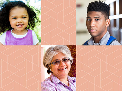 Individual pictures of an infant, a girl, and a teenage boy smiling.