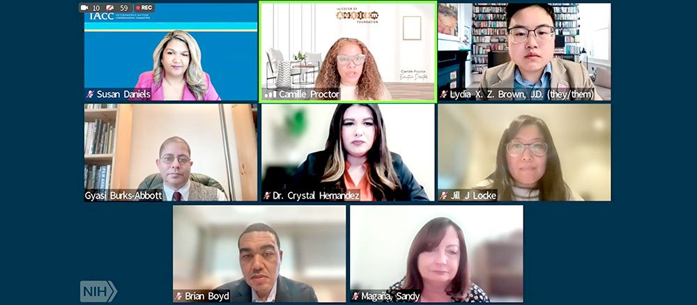 Susan DAniels, Camille Proctor, Lydia Brown, Gyasi Burks Abbott, Crystal Hernandez, Jill Locke, Brian Boyd, and Magana Sandy on a Zoom call