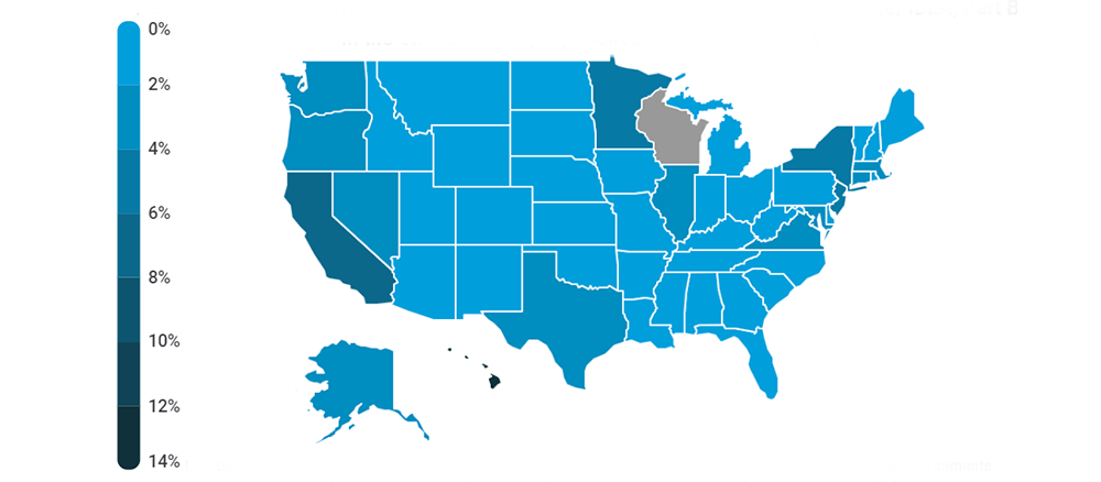 Color-coded map of US, identifying which states have the percentage of Asian children with disabilities. Go to that Page