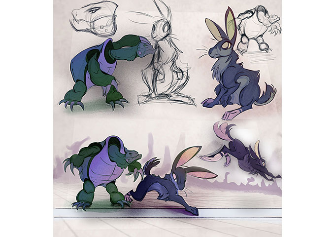 Animated sketches of lizard and rabbit